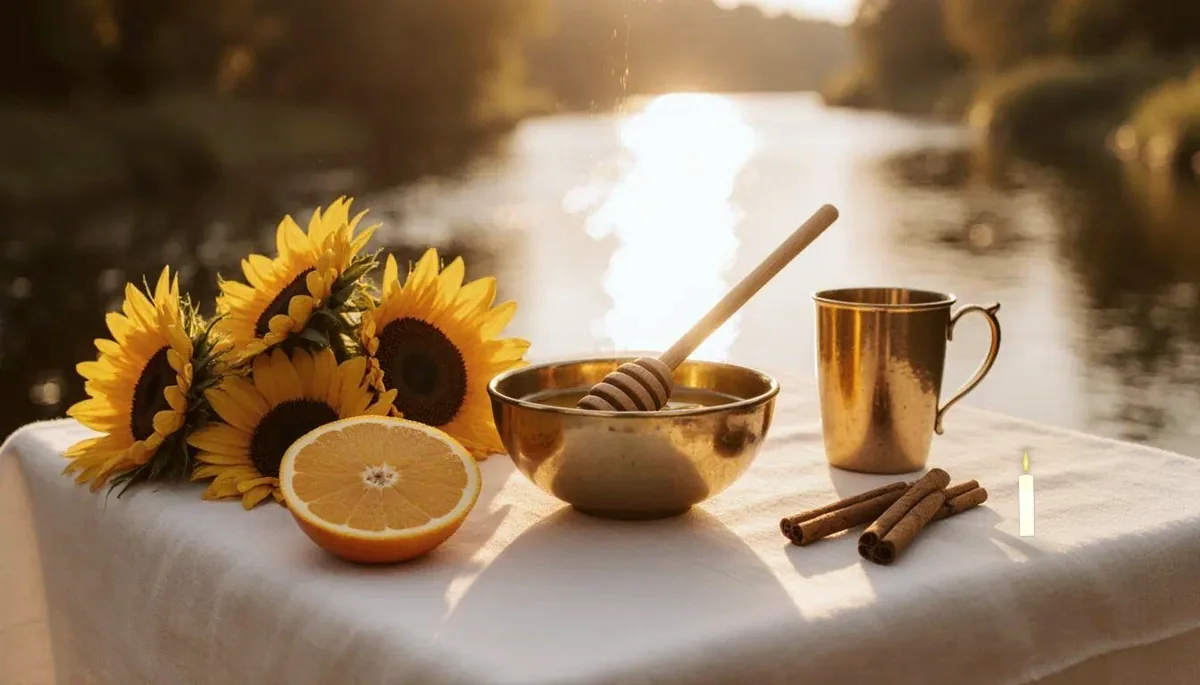 A lit candle, cinnamon, a glass of water and a written petition